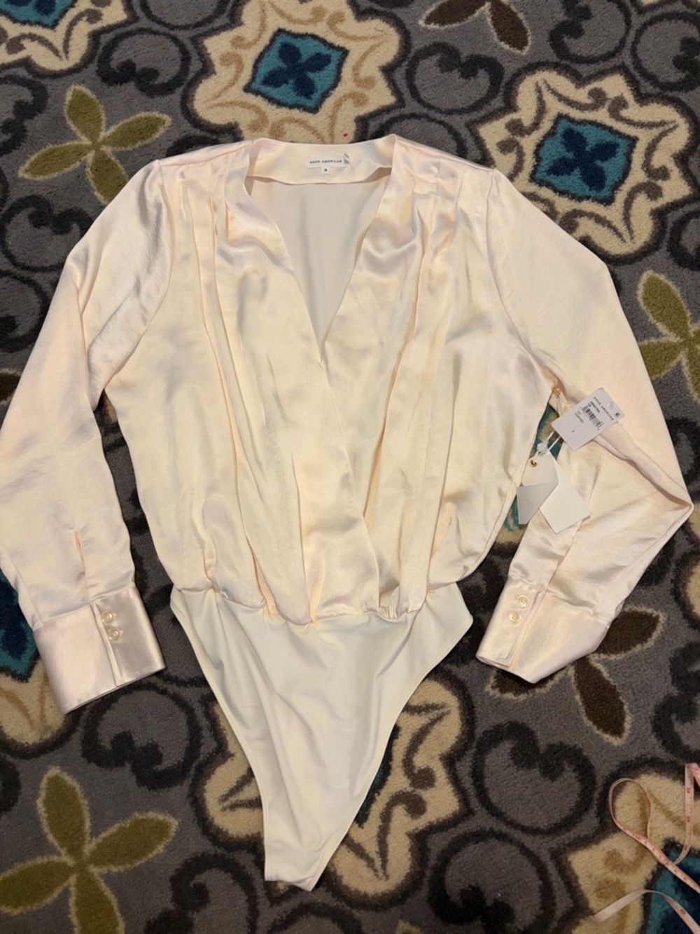 Good American Satin Crossover Long Sleeve Bodysuit V-Neck Drape